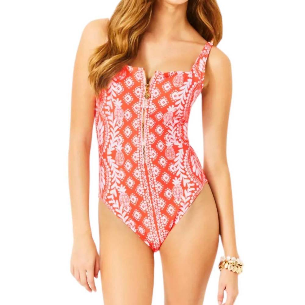 Lilly Pulitzer Coral-White Zip Front One-Piece Swimsuit